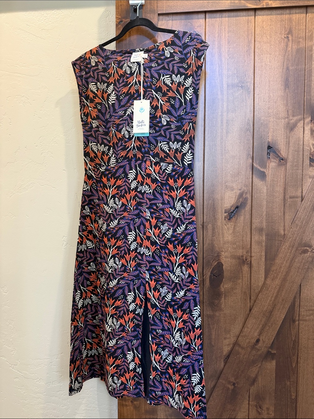 Mata Traders Navy Floral Dress with Coral & Purple Leaf Print